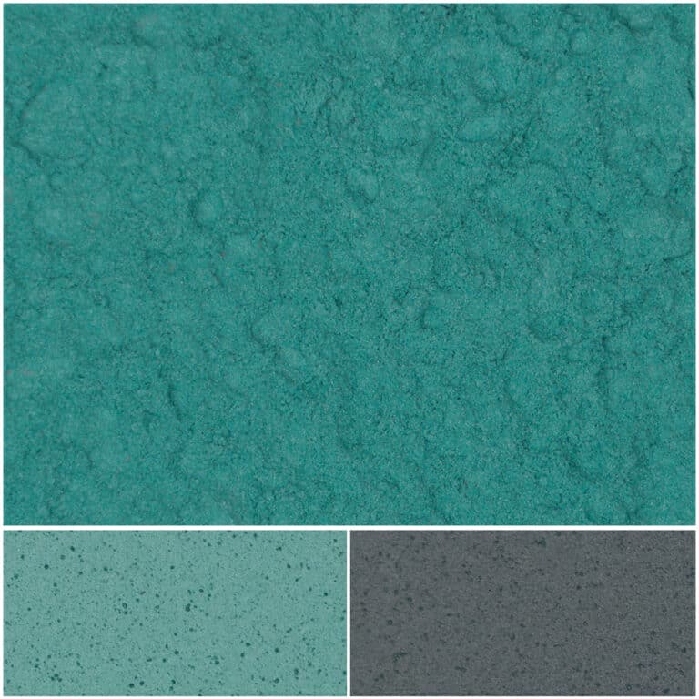 Vibrant Bichroma Aqua powder in shades of teal, gray, and light green textures.