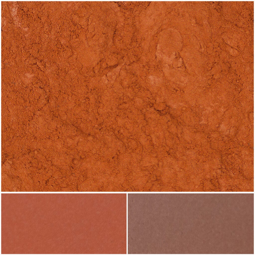 Bichroma Red pigment powder with swatches for artistic and design applications.