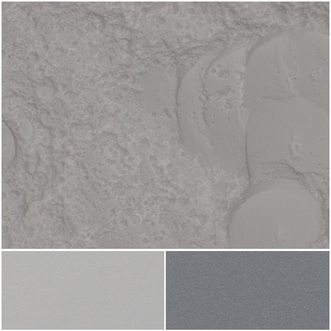 Biluna Satin UVS surface textures showcasing gray tones and finishes.