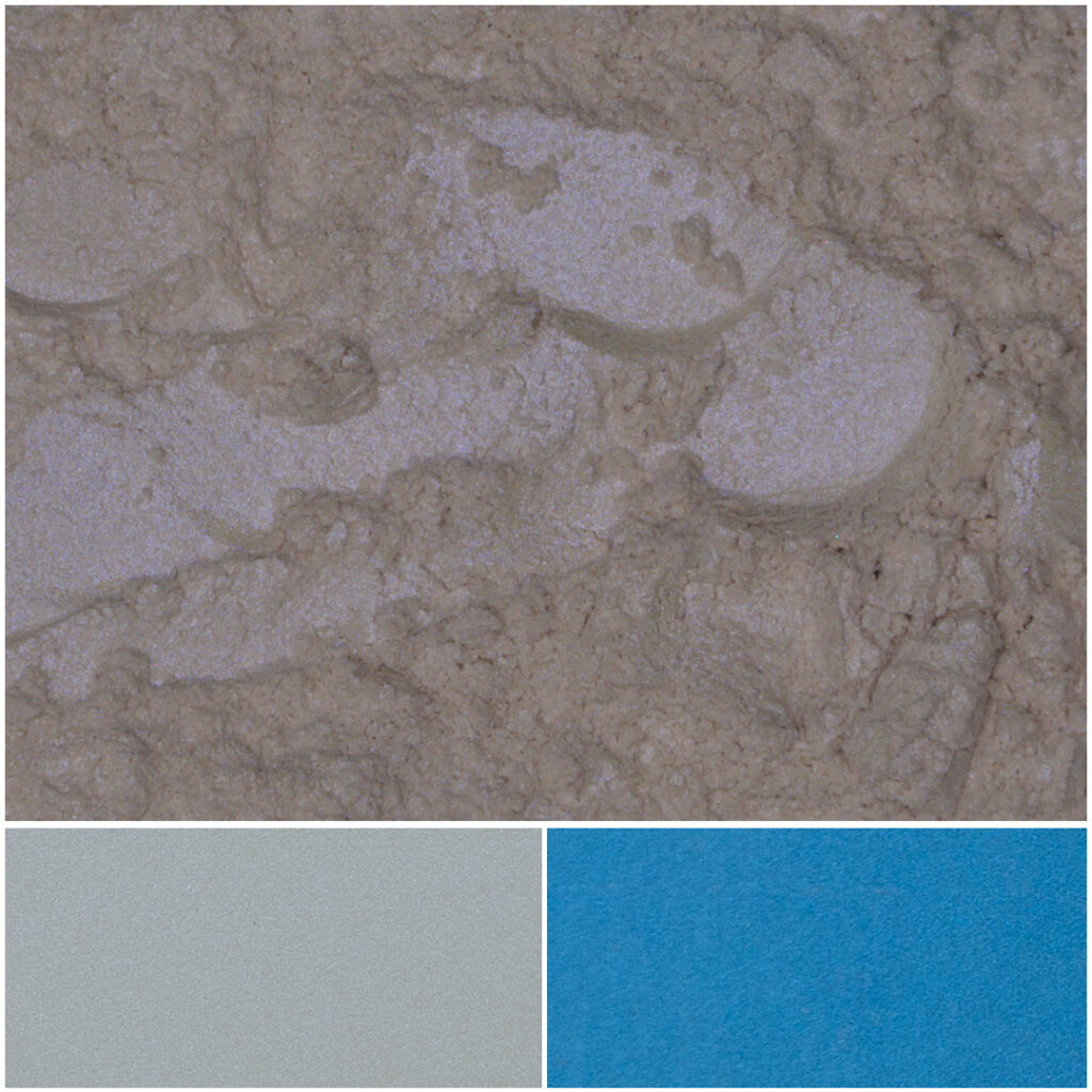 Optique DP Super Blue pigment swatches showcasing unique blue and gray shades.