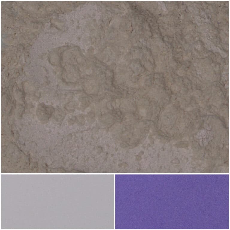 Violet-colored powder samples displayed on a textured surface for analysis.