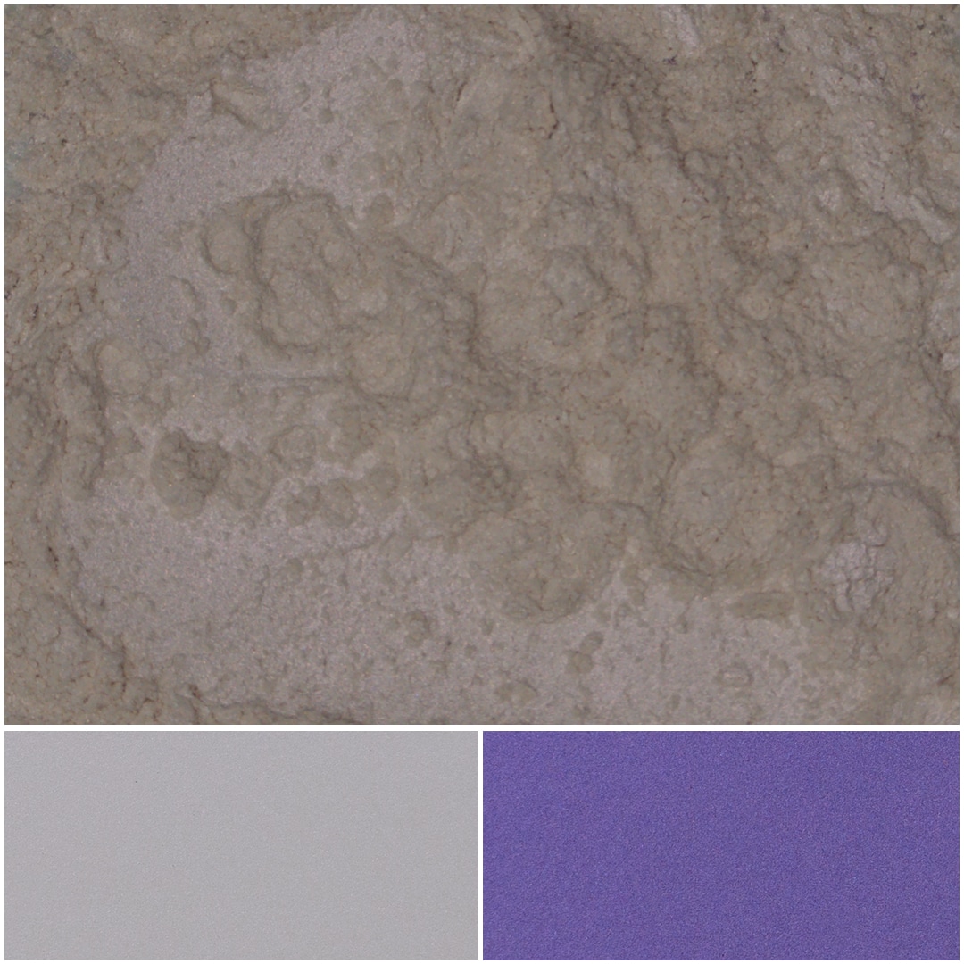 Violet-colored powder samples displayed on a textured surface for analysis.