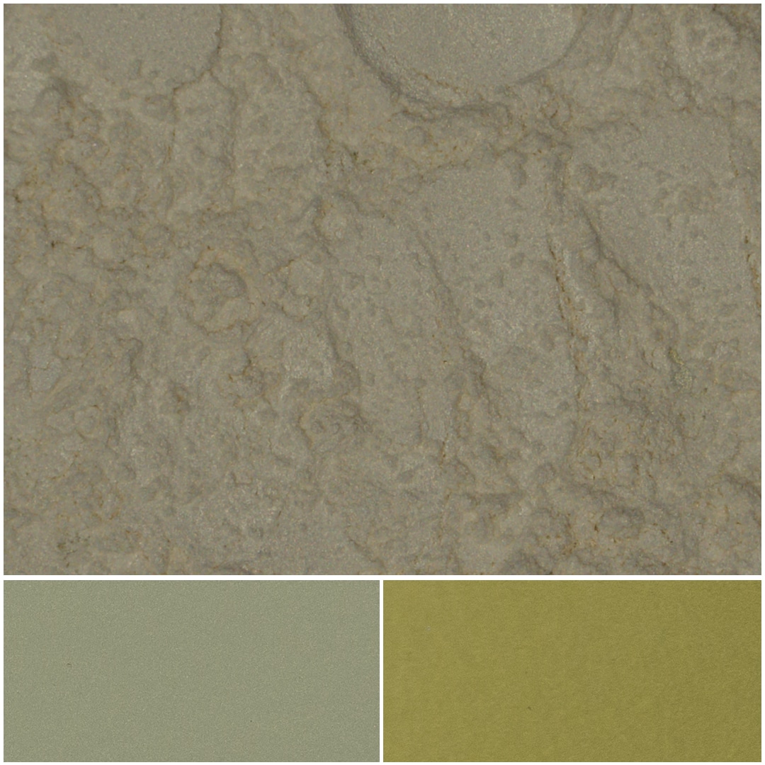 Satin gold textured surface with accent colors in light green and olive.