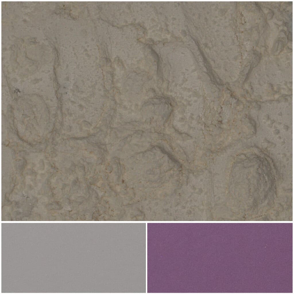 Textured fabric swatches in optic satin red, gray, and purple hues.