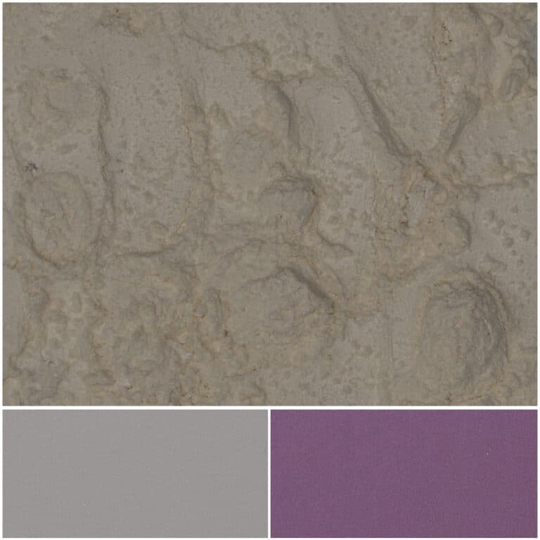 Textured fabric swatches in optic satin red, gray, and purple hues.
