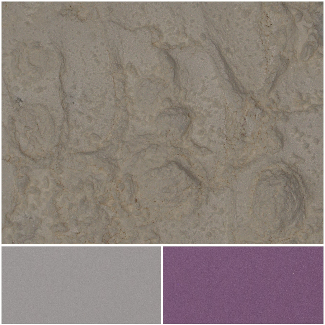 Textured fabric swatches in optic satin red, gray, and purple hues.