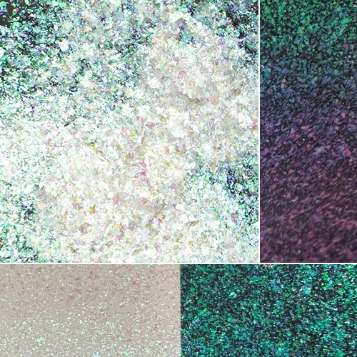 Iridescent glitter sparkles in various textures and colors for creative projects.