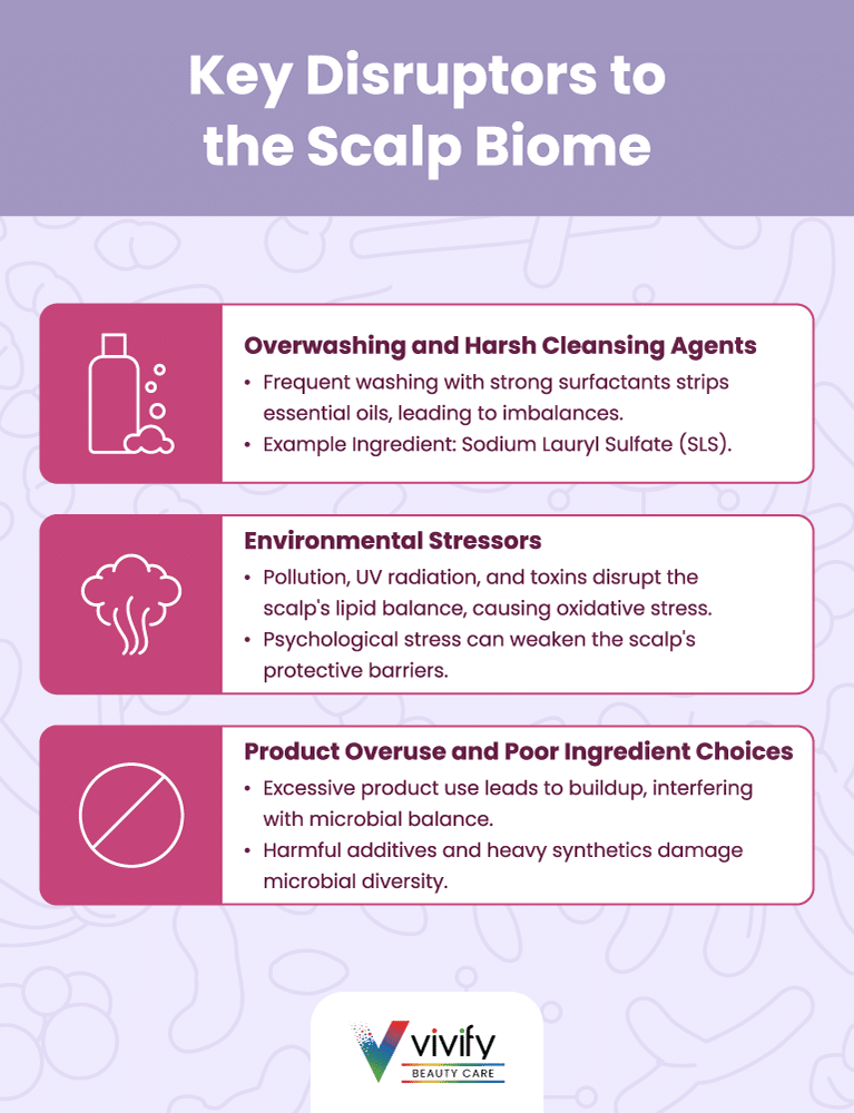 Key scalp biome disruptors include harsh cleansers, environmental stressors, and product overuse.