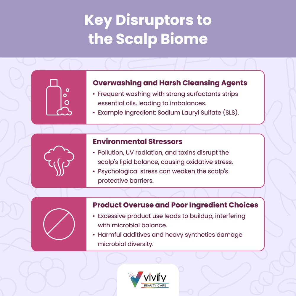 Key scalp biome disruptors: overwashing, environmental stressors, and poor product choices impact health.