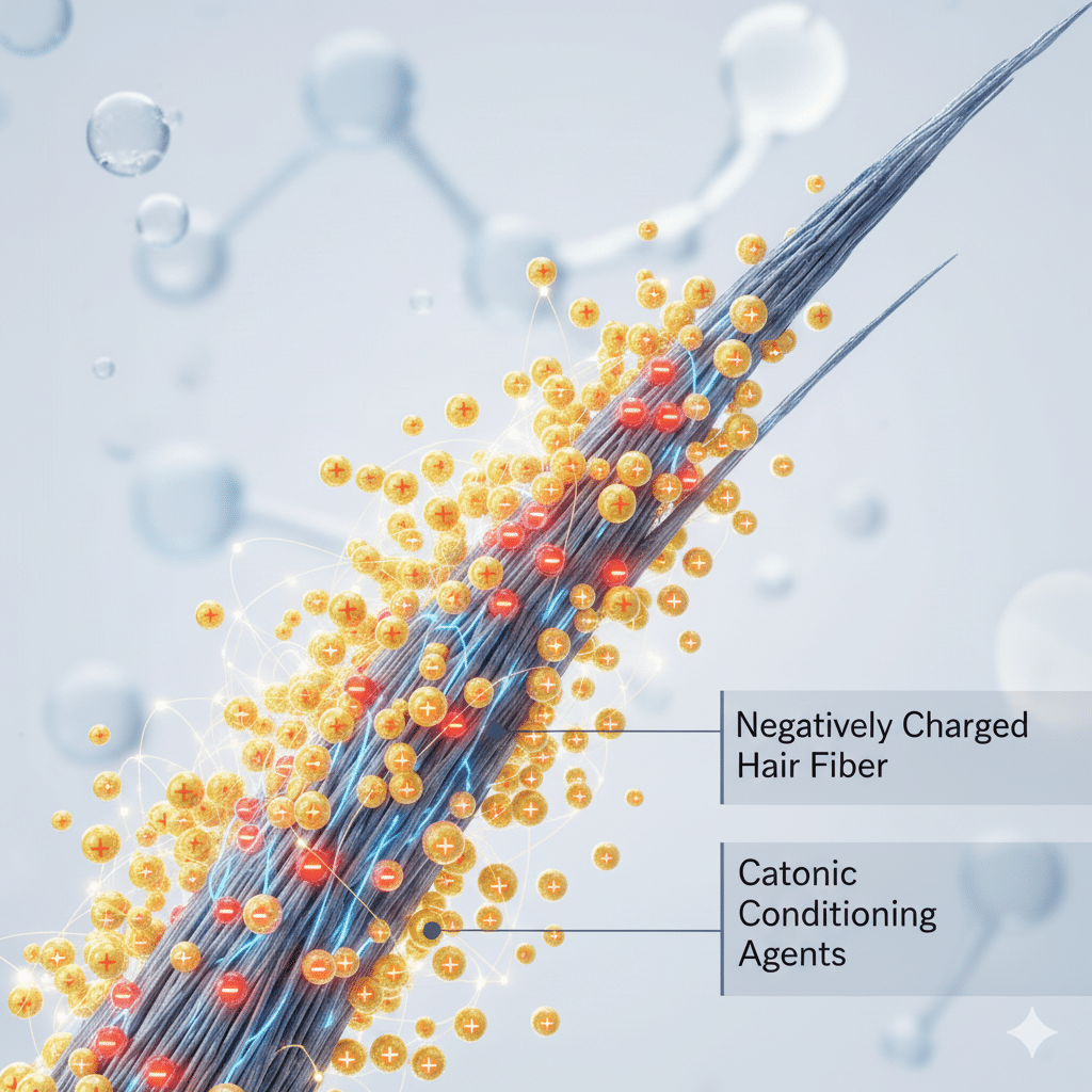 Cationic conditioning agents improve hair fiber health and appearance for optimal care.