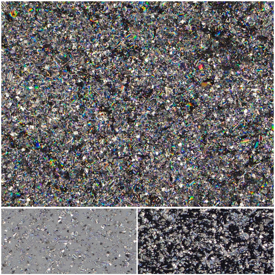 Colorful fantasy mosaic texture made of shimmering, iridescent glitter particles.