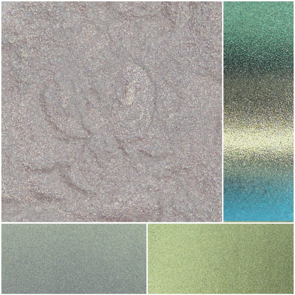 Glittery texture sample featuring shades of green, blue, and silver hues.