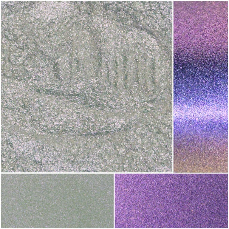 Sparkling glitter textures in shades of silver, purple, and iridescent hues.