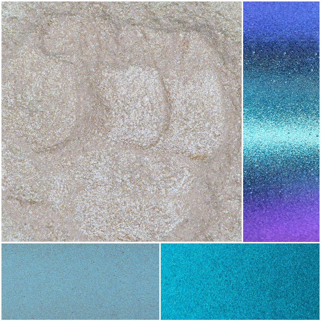 Vibrant glittery textures and colors in shimmering shades of blue and purple.