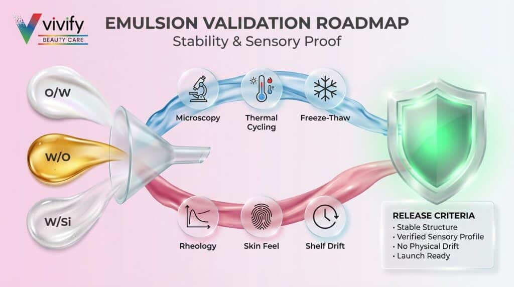 Emulsion validation roadmap showcasing stability and sensory testing for beauty care products.