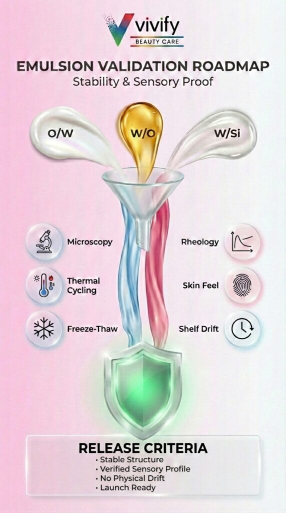 Emulsion validation roadmap for beauty care: stability, sensory proof, and release criteria.