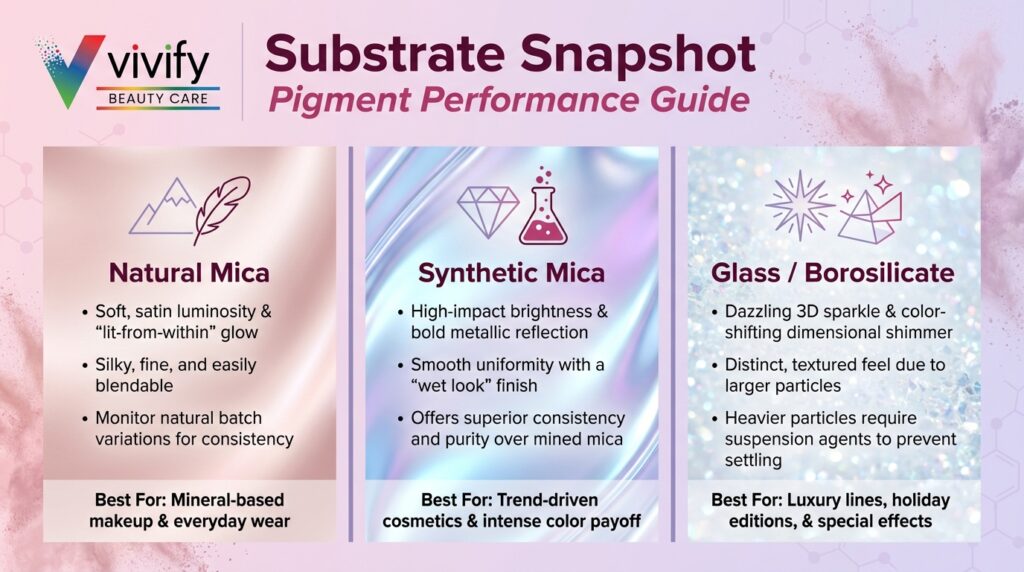 VIVIFY Beauty Care pigment performance guide featuring natural, synthetic mica, and glass options.