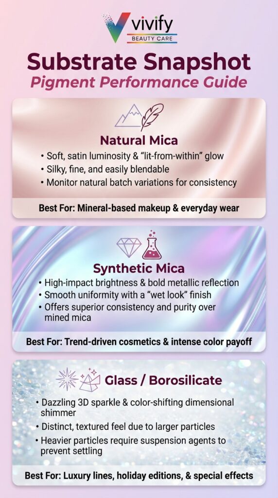 Pigment performance guide for beauty care showcasing natural, synthetic mica, and glass substrates.