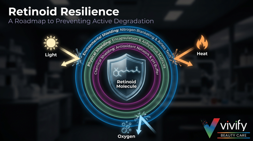 Retinoid resilience strategies for preventing degradation from light, oxygen, and heat.