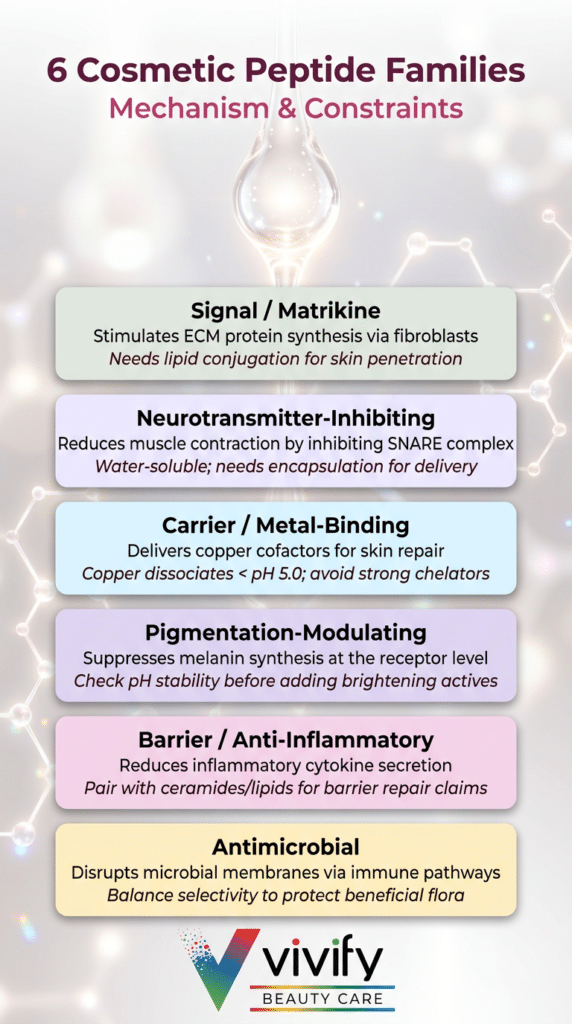 Cosmetic peptide families for skin care: mechanisms, constraints, and benefits outlined.