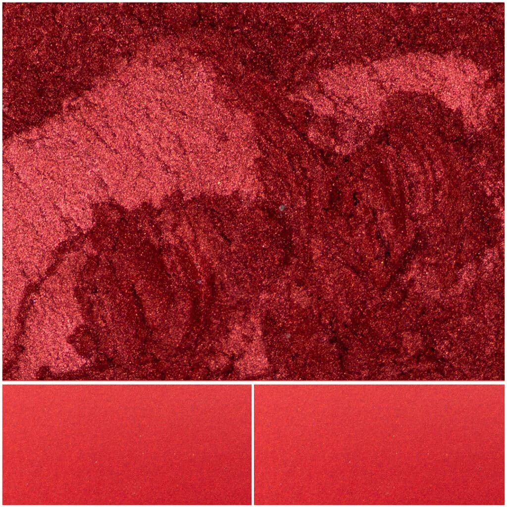 Vibrant red eye shadow with shimmering texture for bold makeup looks.