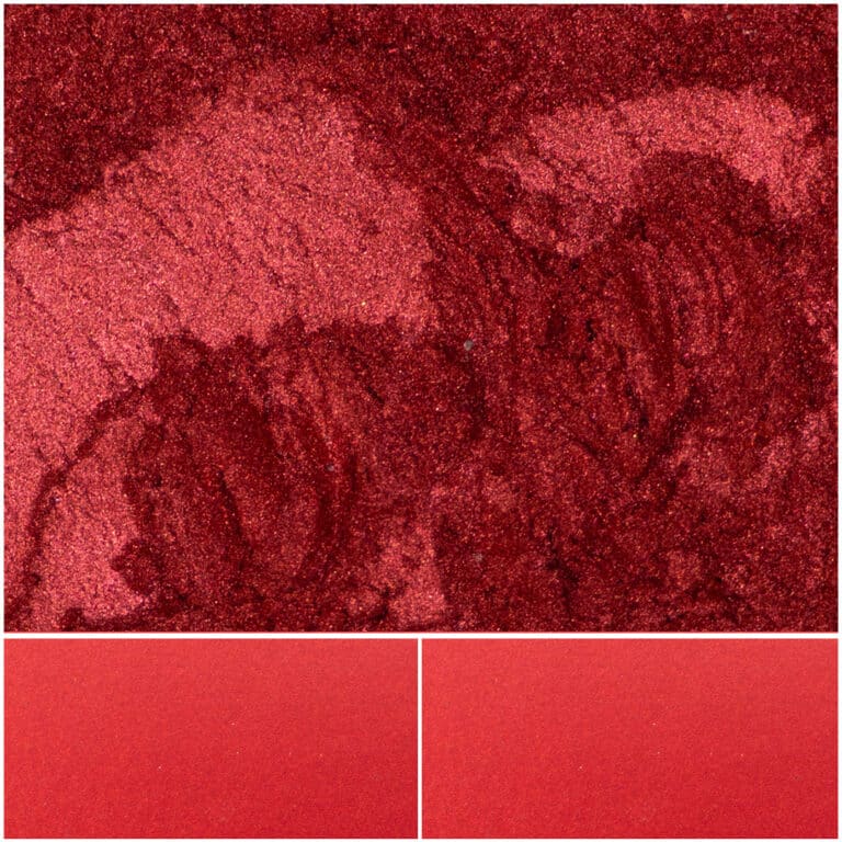 Vibrant red eye shadow with shimmering texture for bold makeup looks.