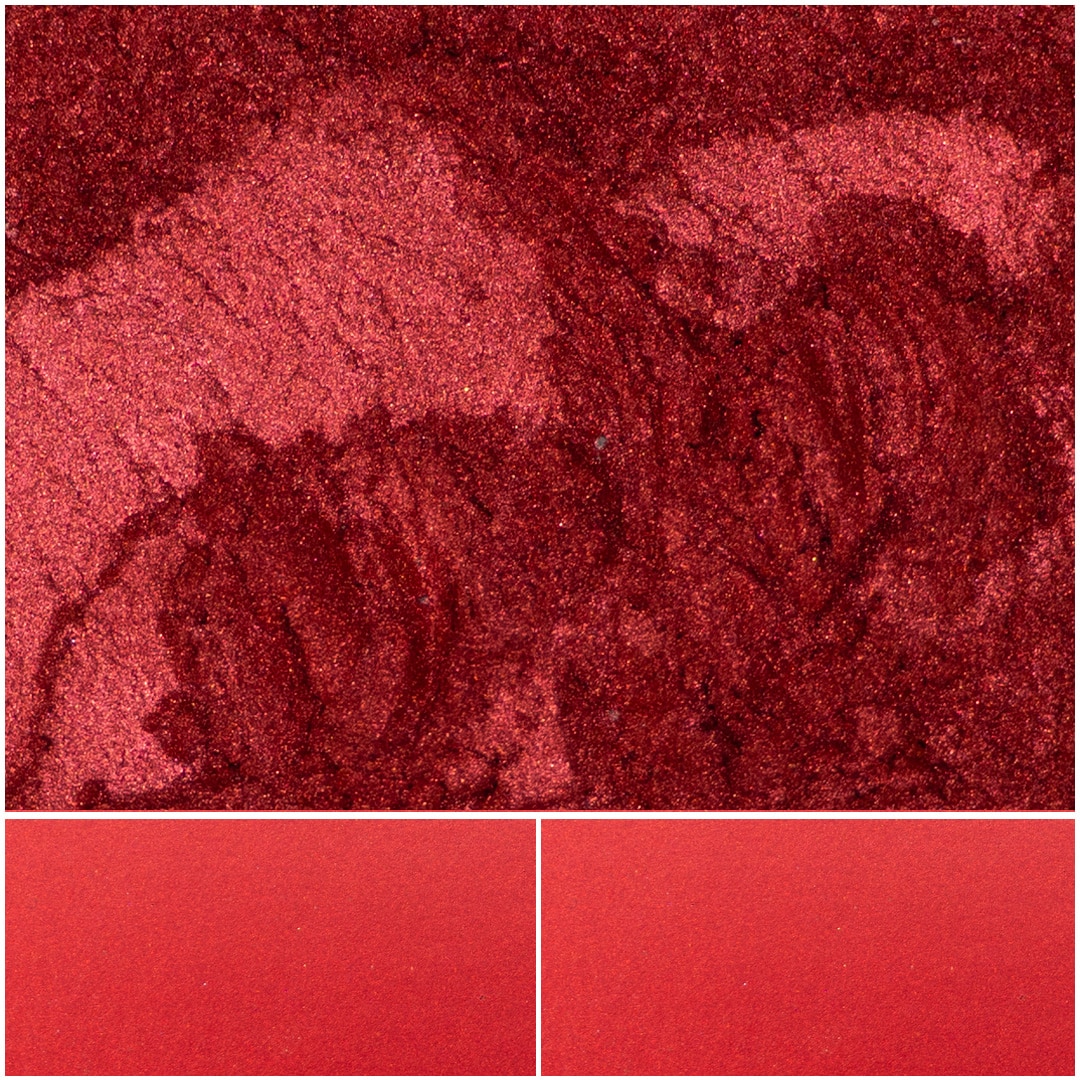 Vibrant red eye shadow with shimmering texture for bold makeup looks.