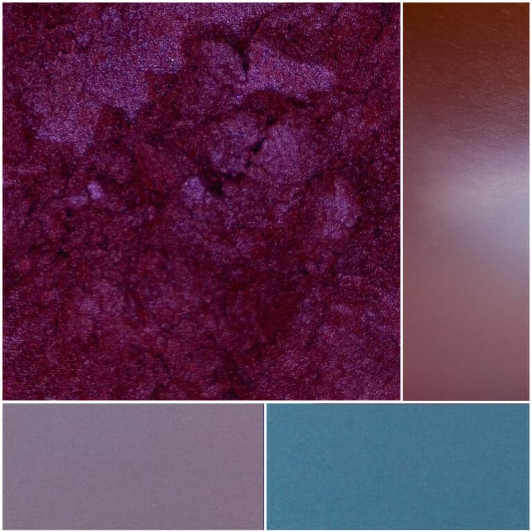 Vibrant color palette featuring rich maroon, purples, and elegant teal textures.