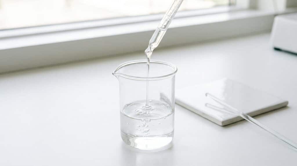 Precise liquid measurement demonstrated in a clear laboratory beaker with a dropper.
