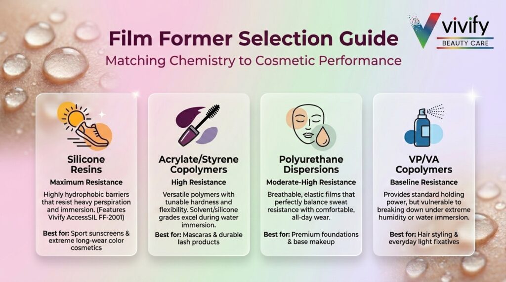 Film former selection guide highlighting silicone resins and copolymers for cosmetic formulations.