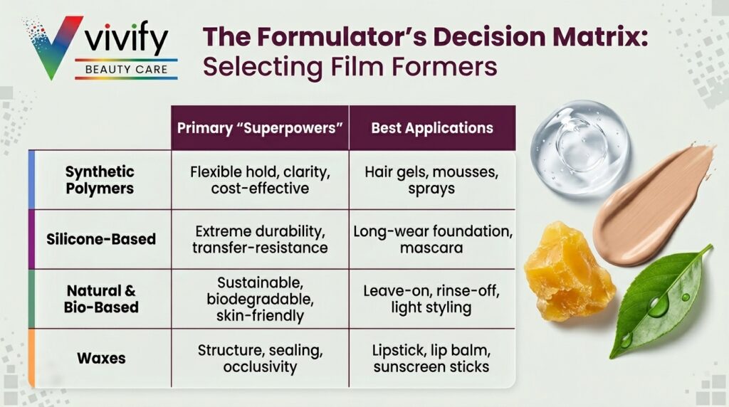 Beauty care product matrix showcasing film formers and their applications for effective formulations.