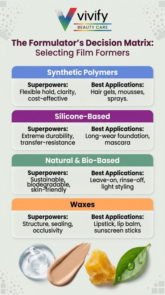 Film formers selection guide for beauty care: polymers, silicones, natural ingredients, and waxes.