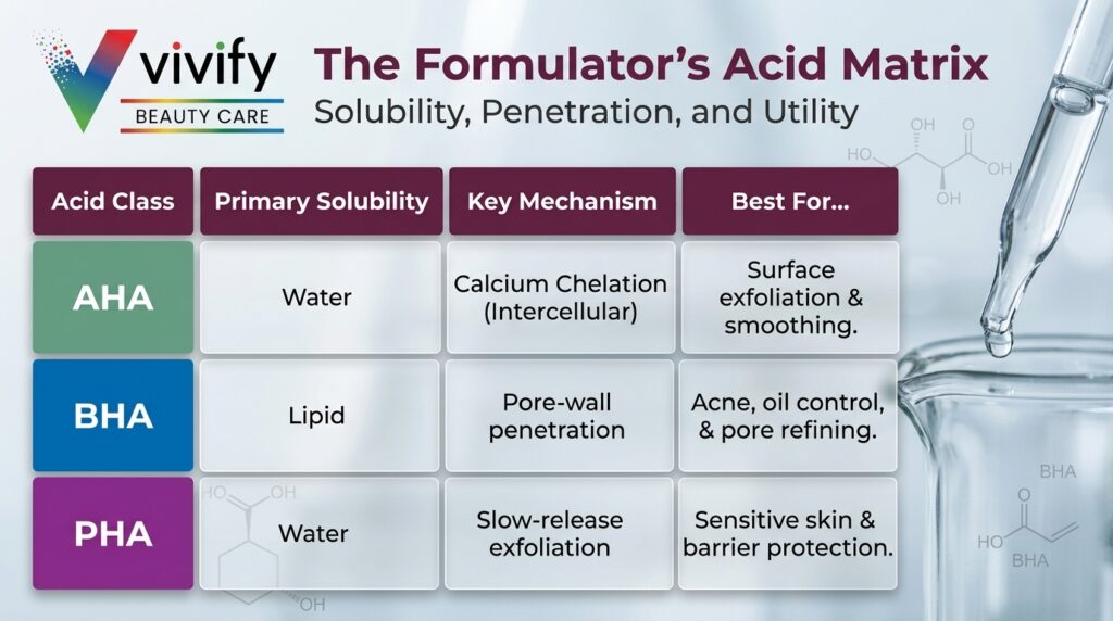 VIVIFY Beauty Care: Understanding Acid Classes for Skin Solubility and Exfoliation Benefits.