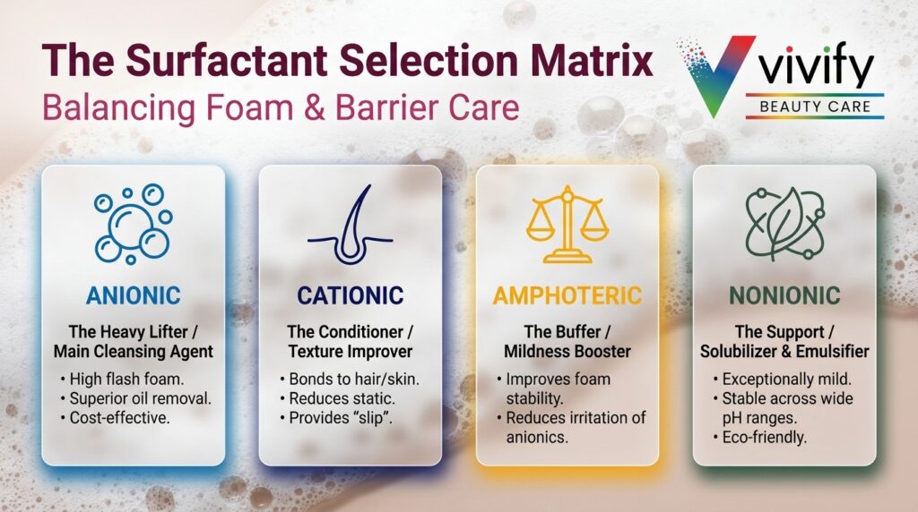 Surfactant selection matrix for beauty care: balancing foam, barrier care, and cleansing agents.