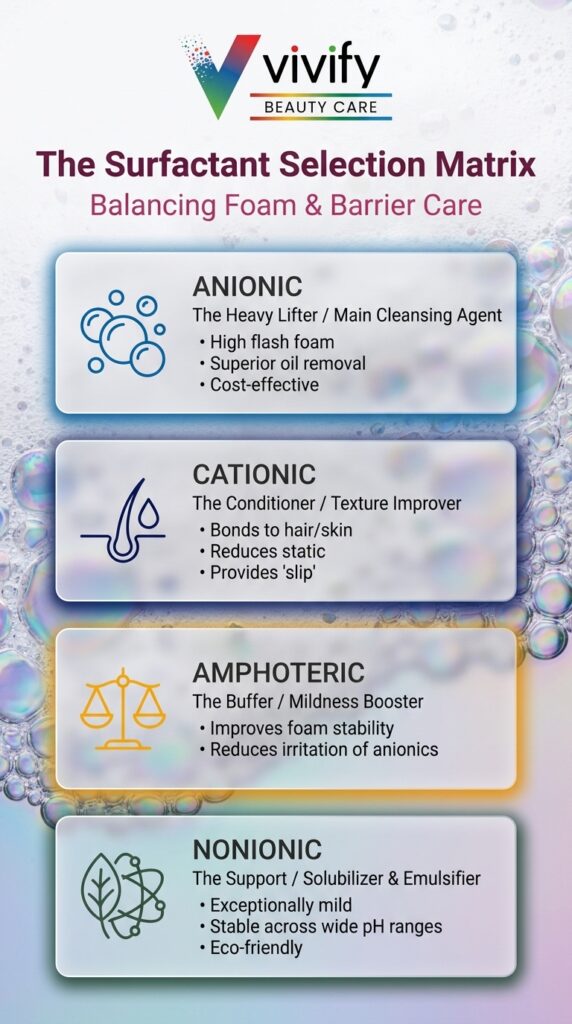 Surfactant selection matrix for beauty care, highlighting foam and barrier properties.