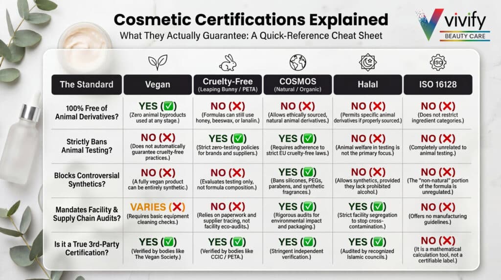 Cosmetic certifications explained: vegan, cruelty-free, halal, and organic standards.
