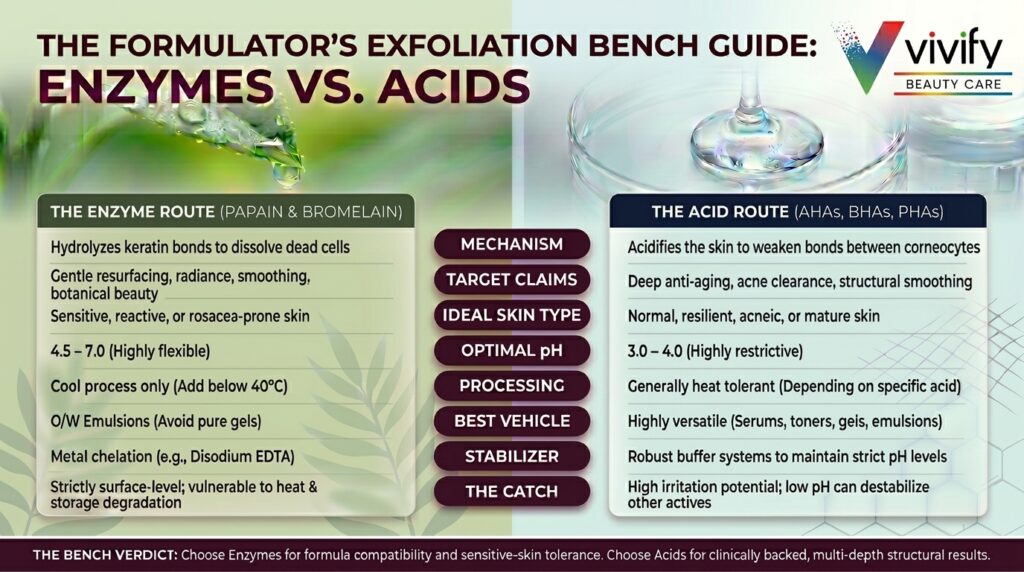 Exfoliation guide comparing enzymes and acids for effective skincare formulations.