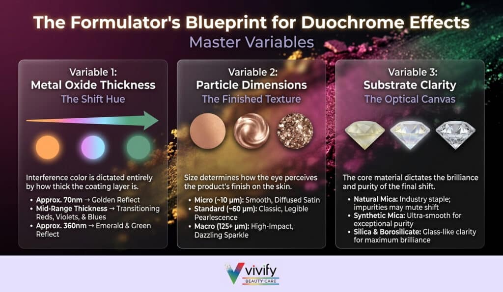 Duochrome effects explained: metal oxide thickness, particle dimensions, and substrate clarity.