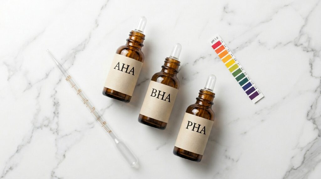 AHA, BHA, and PHA serums with a pH test strip for glowing skin.