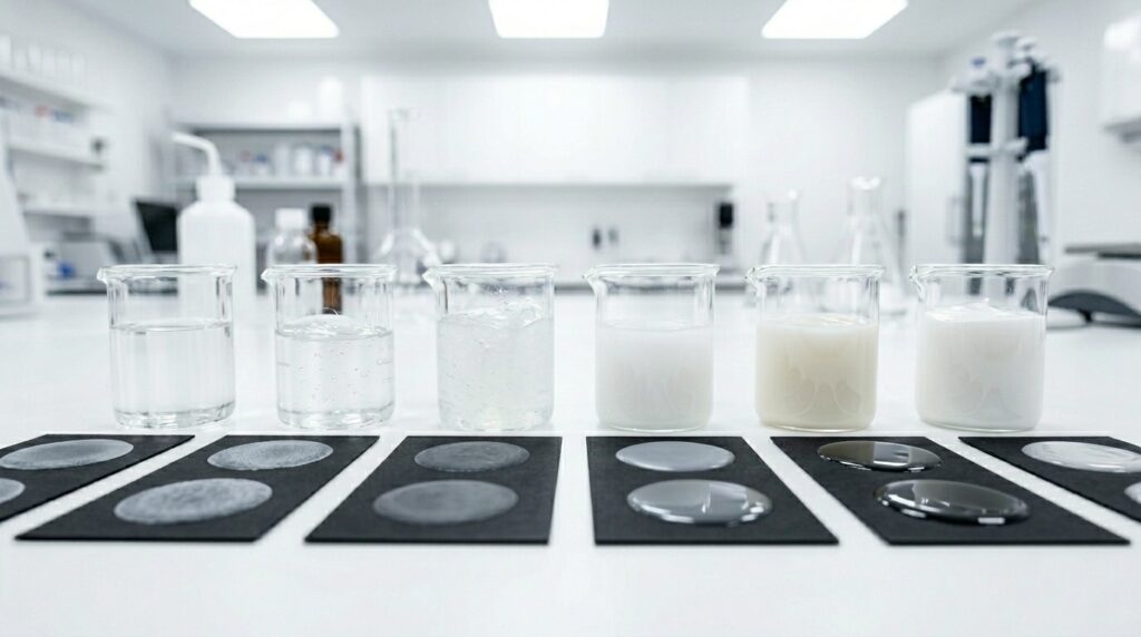 Beakers with various liquids and samples arranged on black plates in a modern lab.