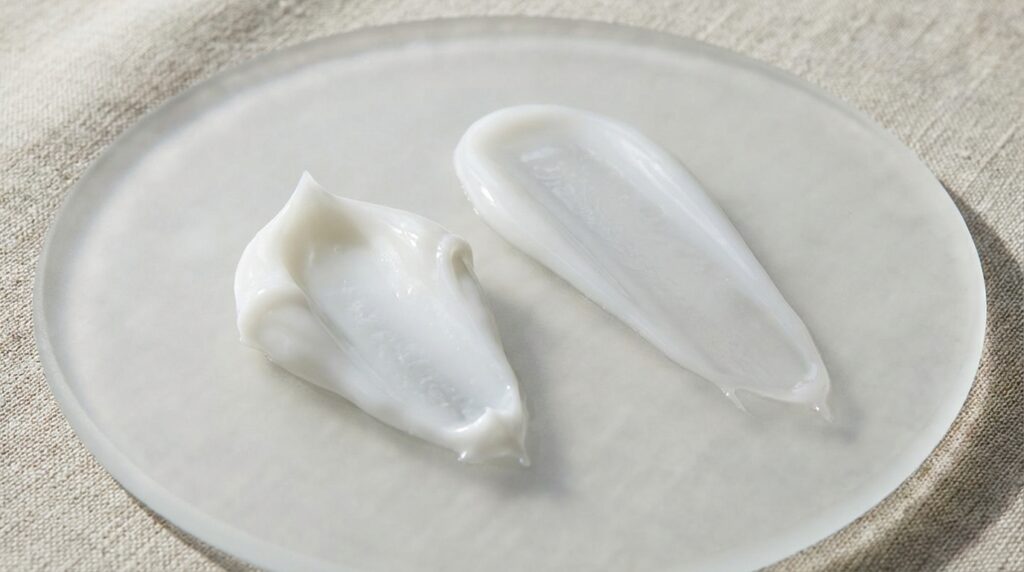 Cream and gel textures side by side for skincare comparison.