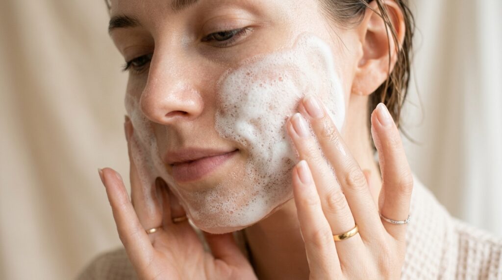 Woman using a gentle foaming cleanser for glowing, refreshed skin.