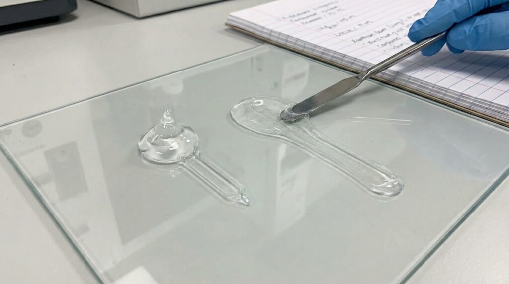 Lab technician applying gel on glass plate with tools and notebook nearby.