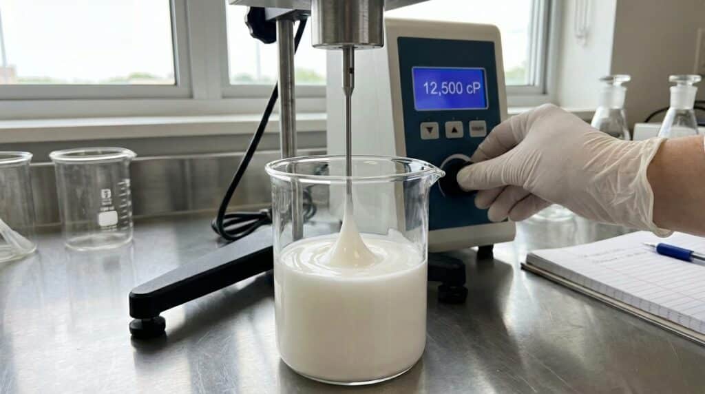 Measuring the viscosity of cream in a lab with digital instruments.