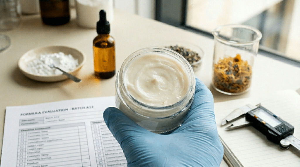 Hand holding a jar of natural skincare cream in a lab setting.