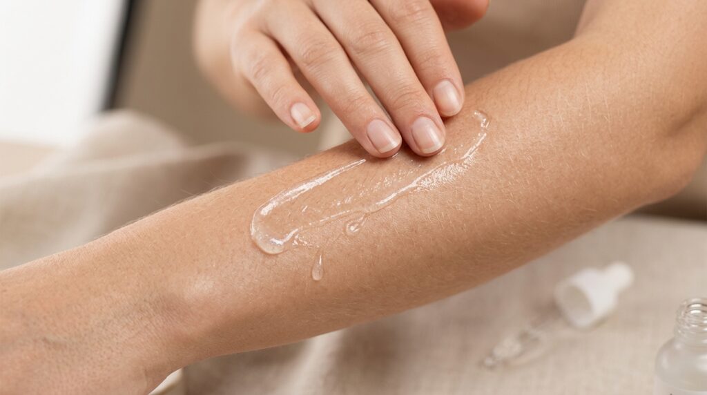 Applying exfoliant for healthy, radiant skin rejuvenation.