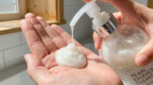 Dispensing pearl essence cleanser into a hand for glowing, radiant skin.