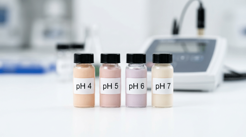 Color-coded pH solutions in bottles for precise laboratory calibration.