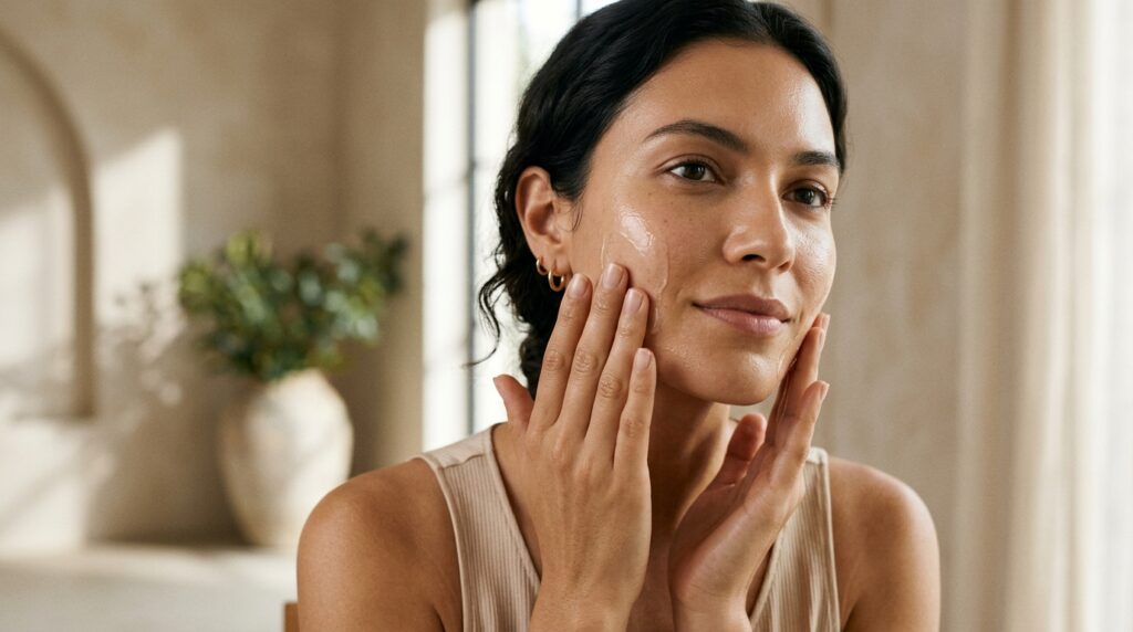 Woman glowing with healthy skin while enjoying a radiant skincare routine.