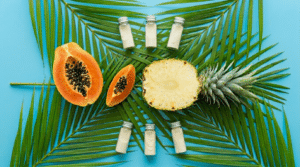 Vibrant tropical fruits and herbal remedies arranged on palm leaves.